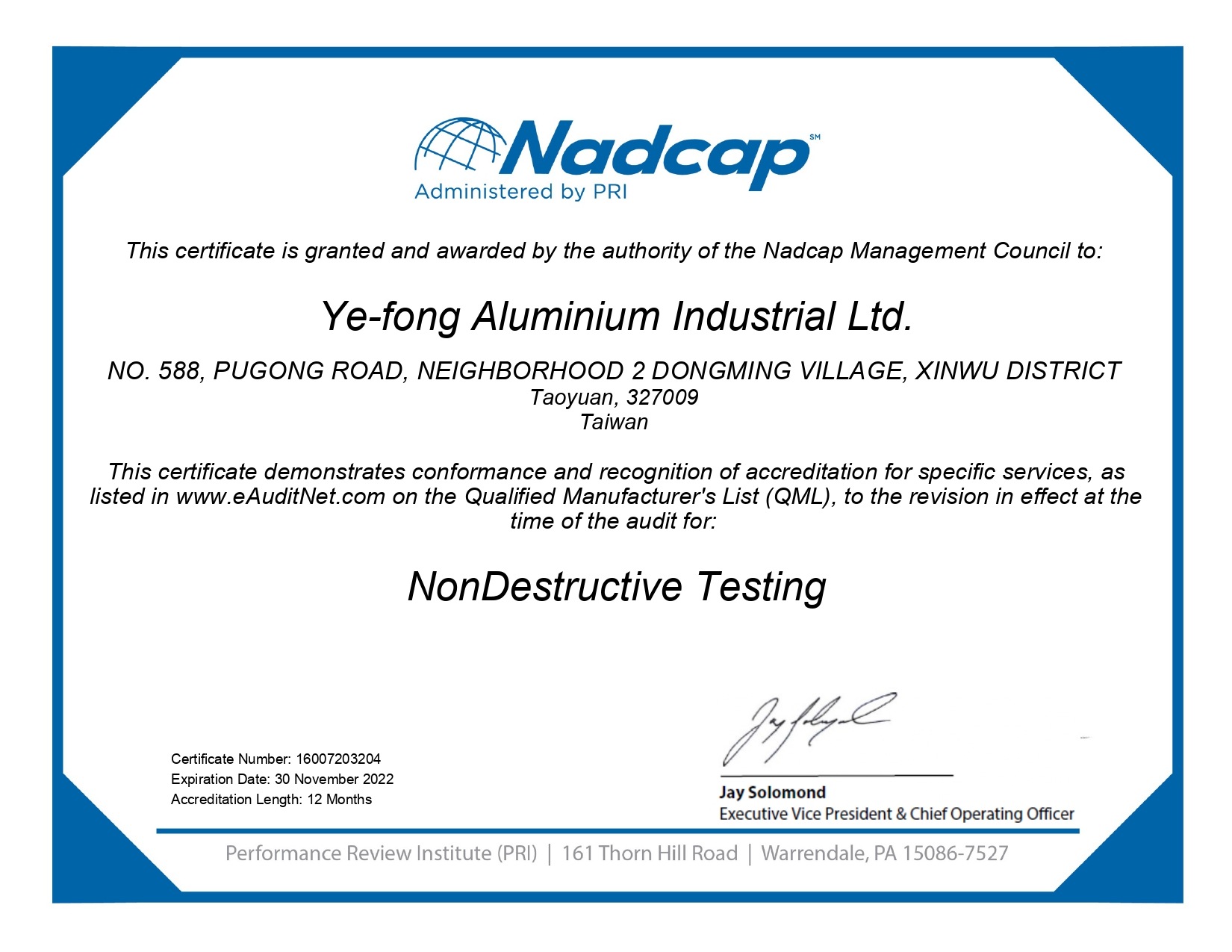 Ye Fong NADCAP NonDestructive Testing Certifiate